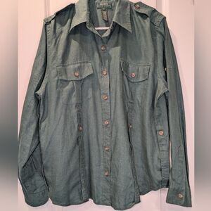 Lauren Ralph Lauren 100% Linen Button Down Shirt Green Utility Style Size Large